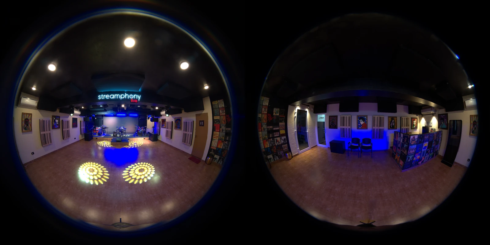Raw dual-fisheye frame straight from the camera, before stitching — Streamphony Live, Bengaluru