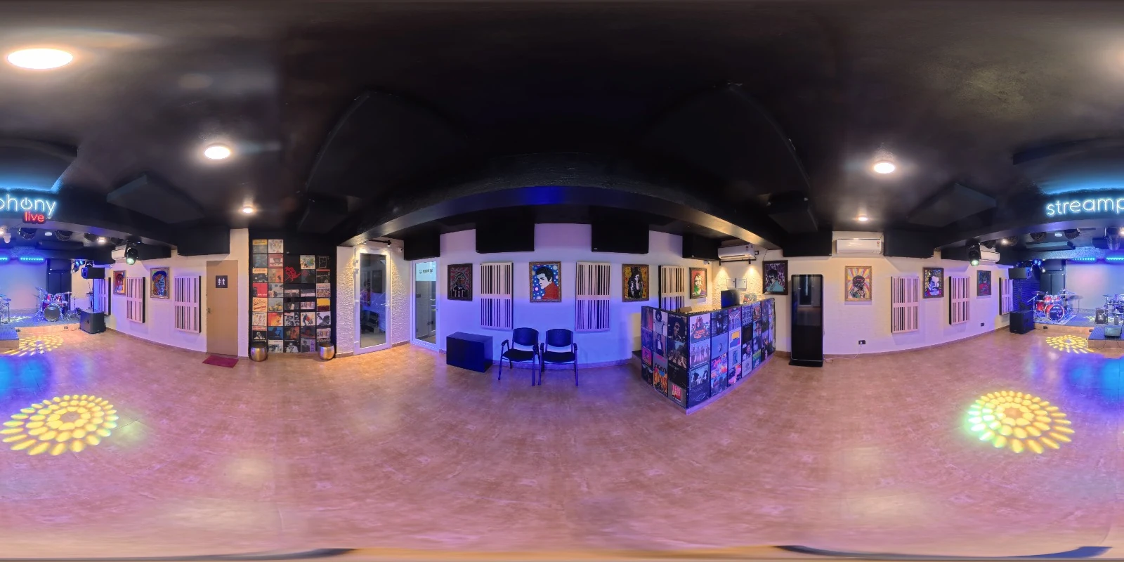 The same room stitched into a seamless 360° equirectangular panorama — Streamphony Live, Bengaluru